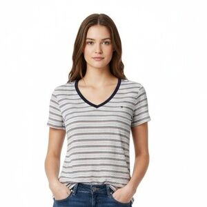 Tommy Hilfiger Navy and White Striped V-Neck Tee